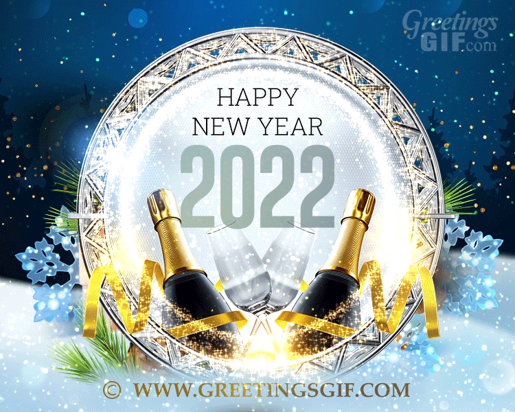 Animated Happy New Year GIF 2022 with Champagne and Glitter