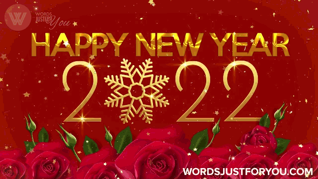 Happy New Year 2022 GIF with roses and gold text