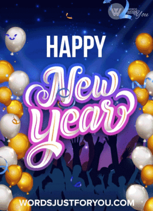 Animated Happy New Year Gif 2022 with Balloons and Fireworks
