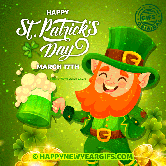 Animated Happy Saint Patrick's Day GIF 2023 with Irish Man and Green Beer