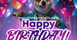 AI Cool Happy Birthday to you GIF Animation Image with Dancing Dog Balloons and Confetti