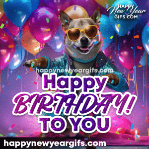 AI Cool Happy Birthday to you GIF Animation Image with Dancing Dog Balloons and Confetti