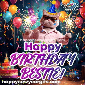 Animated Happy Birthday Bestie Card with Dancing Cat and Sparkles Balloons and Cake